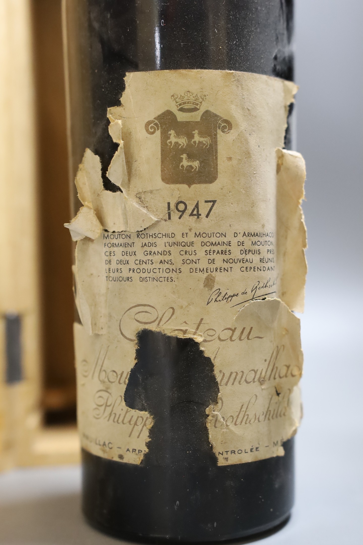 One bottle of Chateau Mouton D'Armailhacq, 1947 with Order whisky wooden case.
